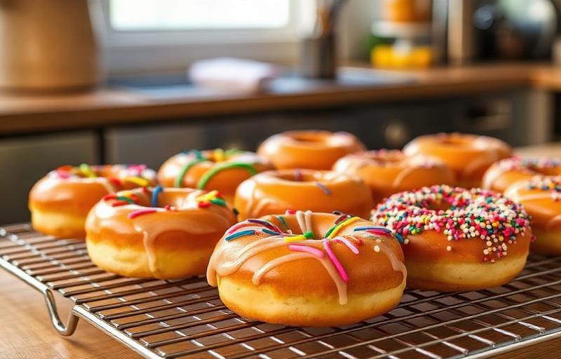 Deilige hjemmelagde amerikanske donuts: autentisk oppskrift med glasur og topping servert på fat