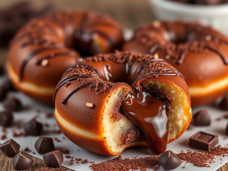 Deilige hjemmelagde sjokoladefylte smultringer med kremet ganache servert på fat
